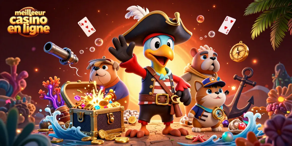 Illustration vibrante du meilleur casino en ligne avec des personnages de jeux entourés de trésors et de cartes flottantes