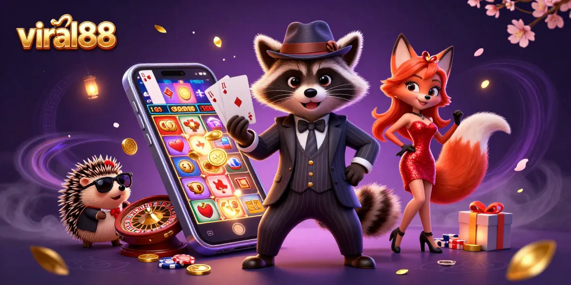 Experience thrilling gameplay at viral88 featuring a charming raccoon, fox, and hedgehog immersed in casino fun.