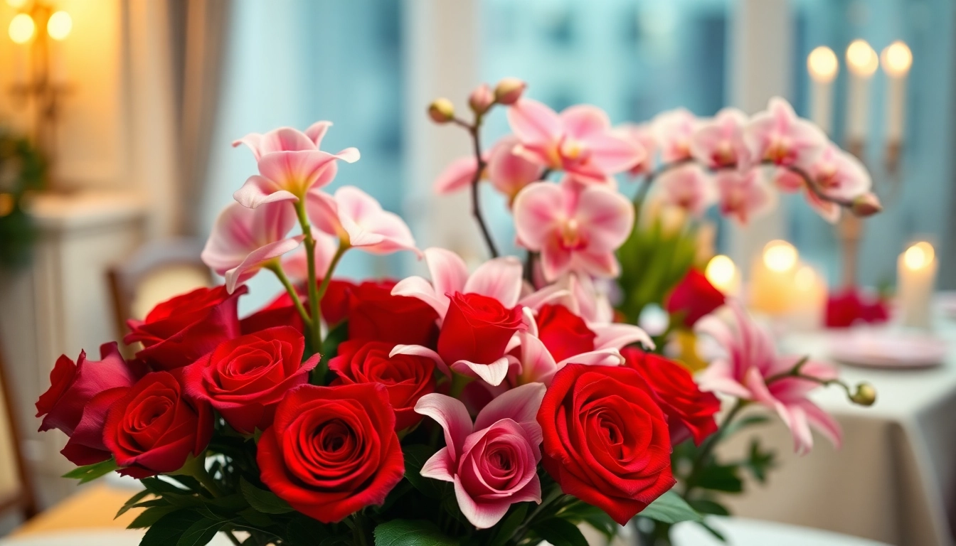 Celebrate love with beautifully arranged valentines flowers illuminating a romantic dinner setting.