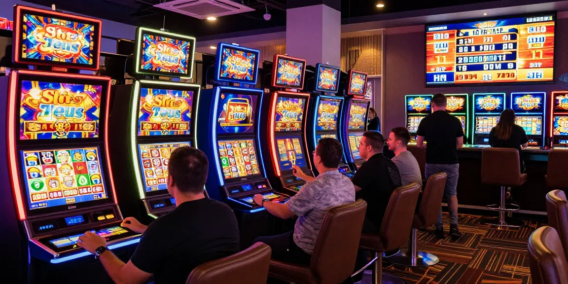 Exciting scene of players enjoying slot zeus machines in a modern casino atmosphere