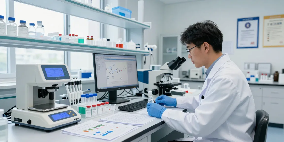 Detailed lab analysis of SwissChems peptide research in modern lab with scientist examining vials.