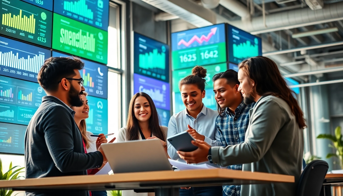 Dynamic team of a social media agency brainstorming strategies creatively in a modern workspace.
