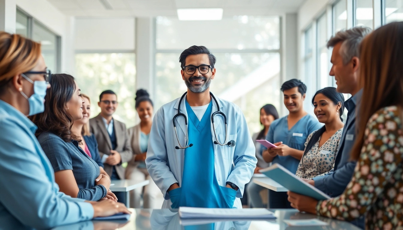 Encouraging health discussion with healthcare professionals and diverse patients promoting health.