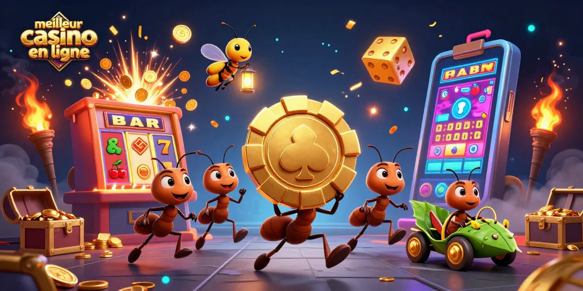 Le meilleur casino en ligne présente une équipe de fourmis en plein vol d'un jeton à poker géant, entre machines à sous éclatantes et effets magiques.