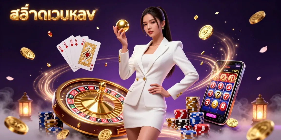 Experience the thrill of สล็อตเว็บตรง with stunning visuals of roulette, coins, and cards in a vibrant casino scene.