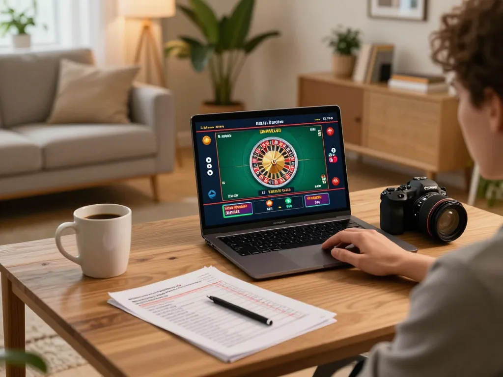 Engaged player using laptop for online gaming at home, exploring casino senza licenza adm.