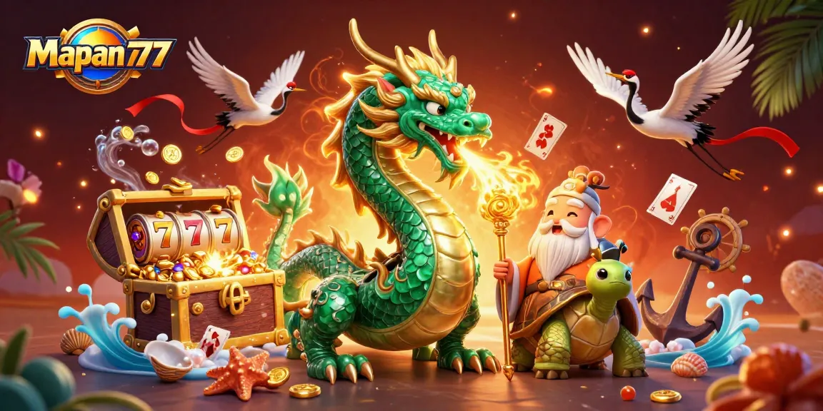 Engage with Mapan777's thrilling casino action featuring a jade dragon, turtle sage, and lucky cranes.