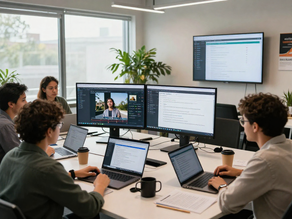 Detect AI image with professionals reviewing moderation analytics in bright workspace.