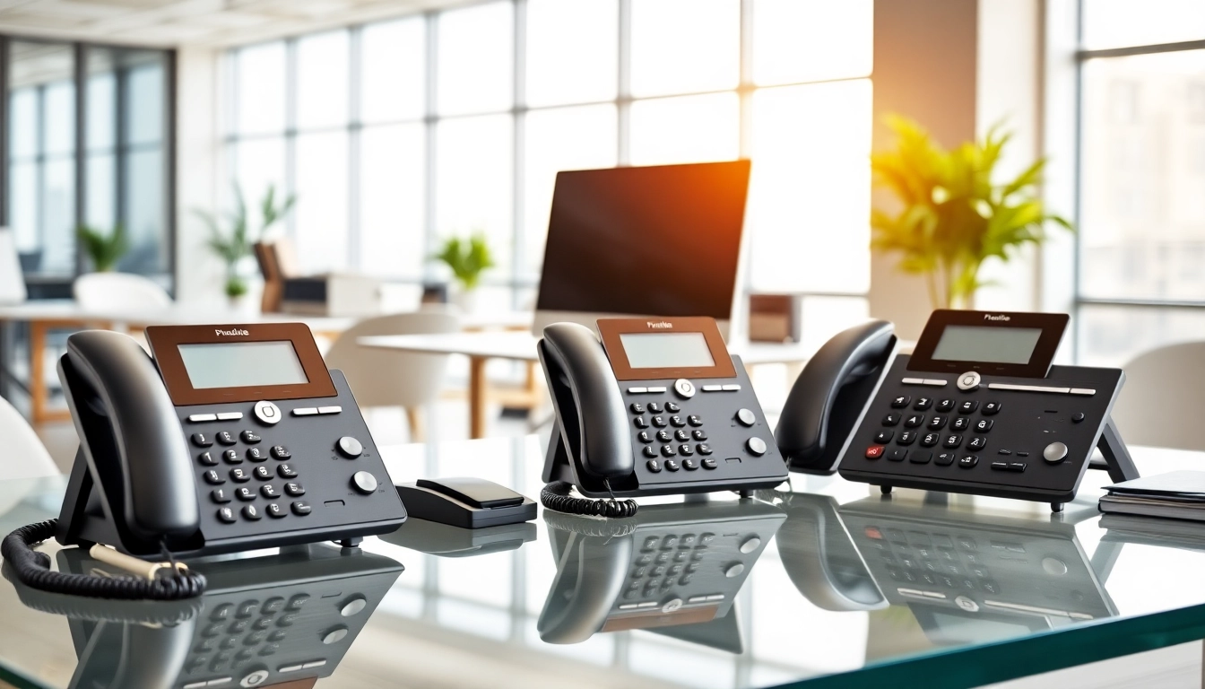 Using a business phone system in a modern office setup with sleek phones and a welcoming atmosphere.