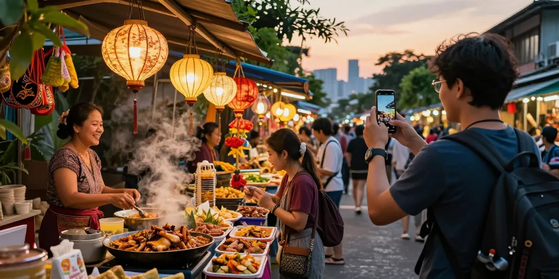 Traveler at Asian street market capturing vibrant culture on https://hanadultalk.com, surrounded by colorful stalls and local vendors.