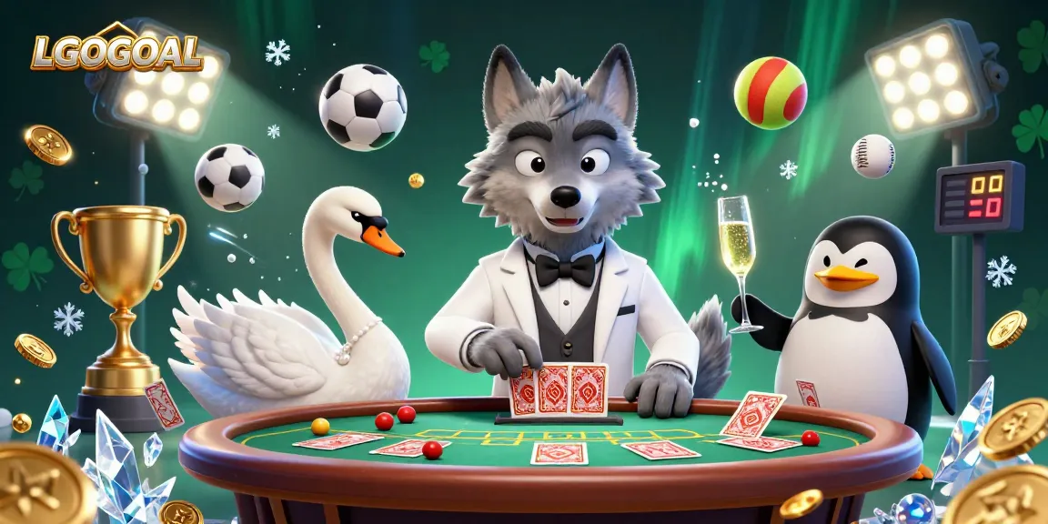 Engage with LGOGOAL's vibrant casino scene featuring a debonair wolf and elegant swan amid dynamic gaming action.
