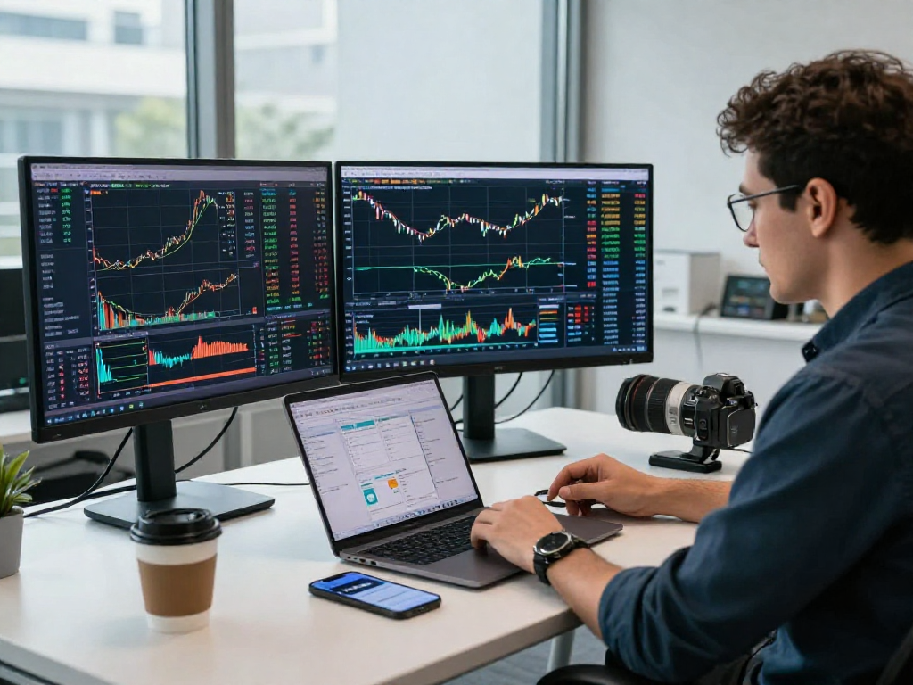 使用TradingView进行股票和加密货币分析的交易员在现代办公环境中，展示实时市场数据和技术指标。