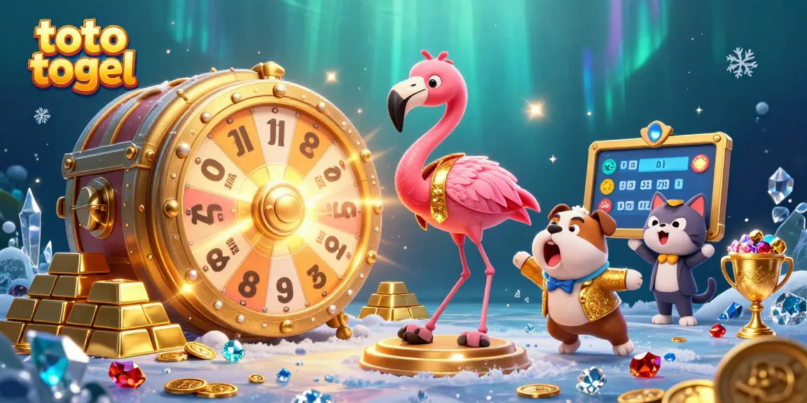 Engage with the excitement of toto togel through a colorful 3D illustration of a game show scene featuring a flamingo host and a bulldog contestant.