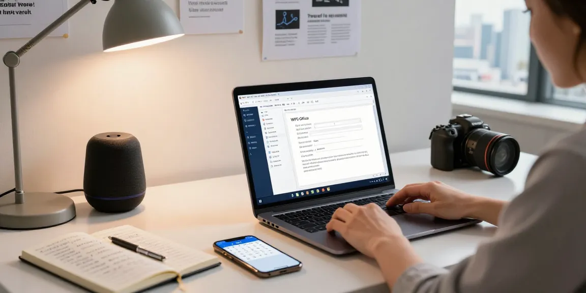 Download WPS Office in a modern office workspace featuring a laptop, notes, and urban skyline.