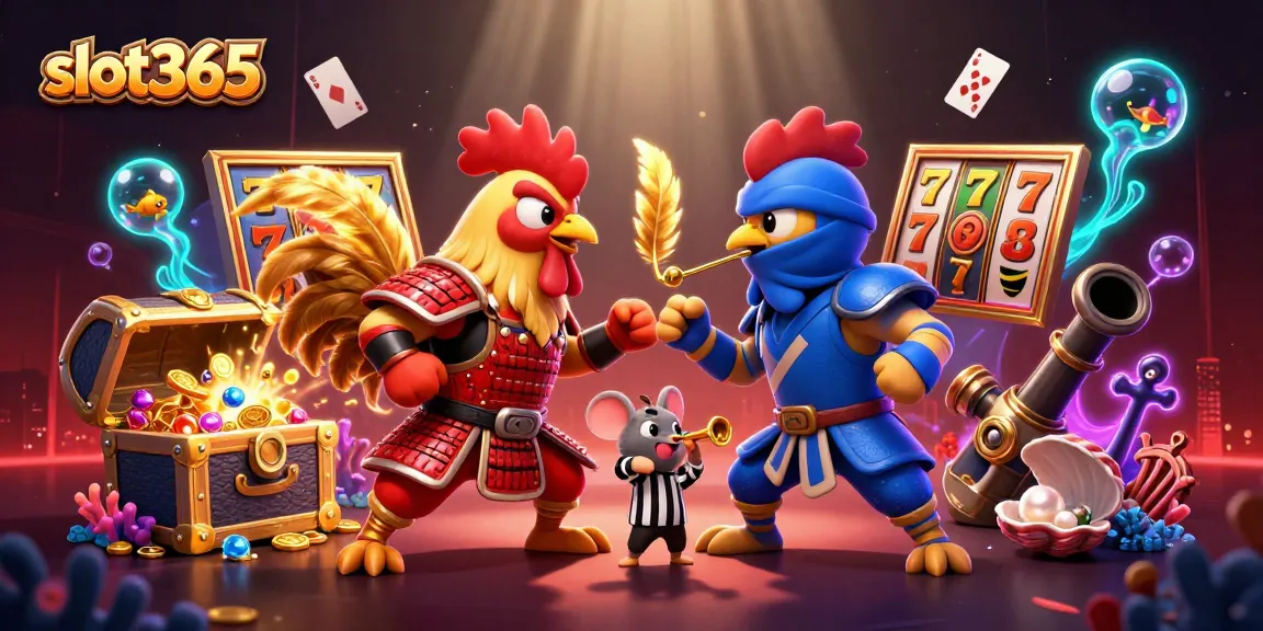 Experience thrilling gameplay with slot365 featuring dramatic rooster duel and vibrant casino elements.