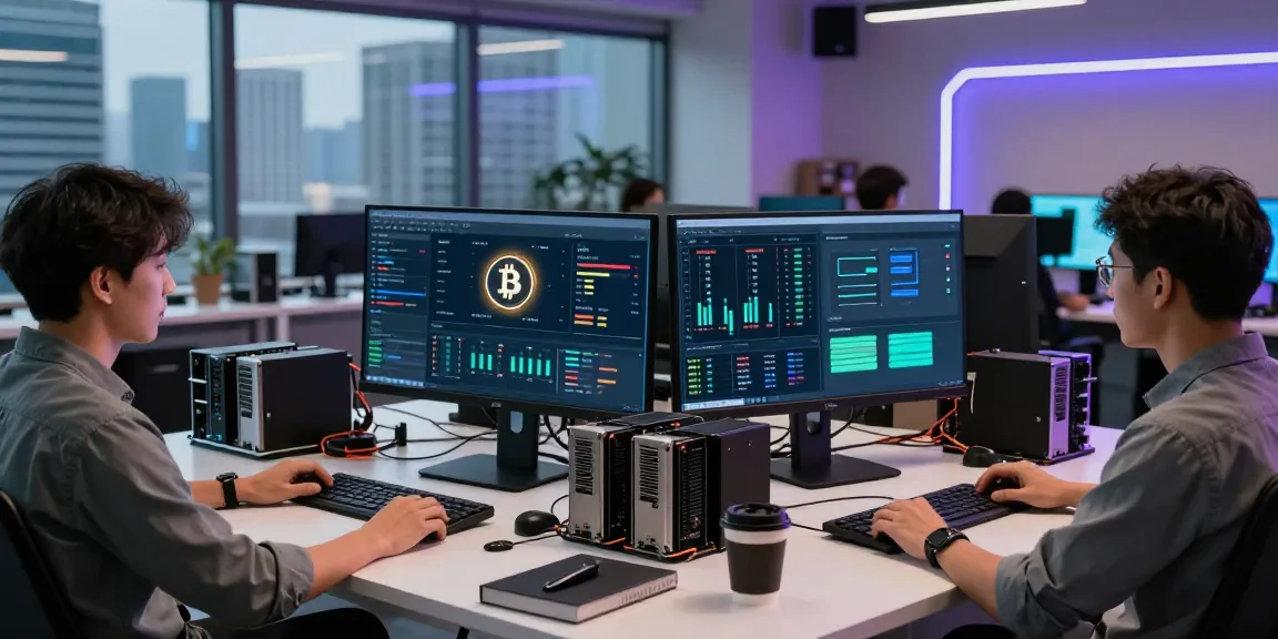 Bitcoin mining workspace with dual screens showing hash rates and digital wallets, focused on cryptocurrency technology and innovation.