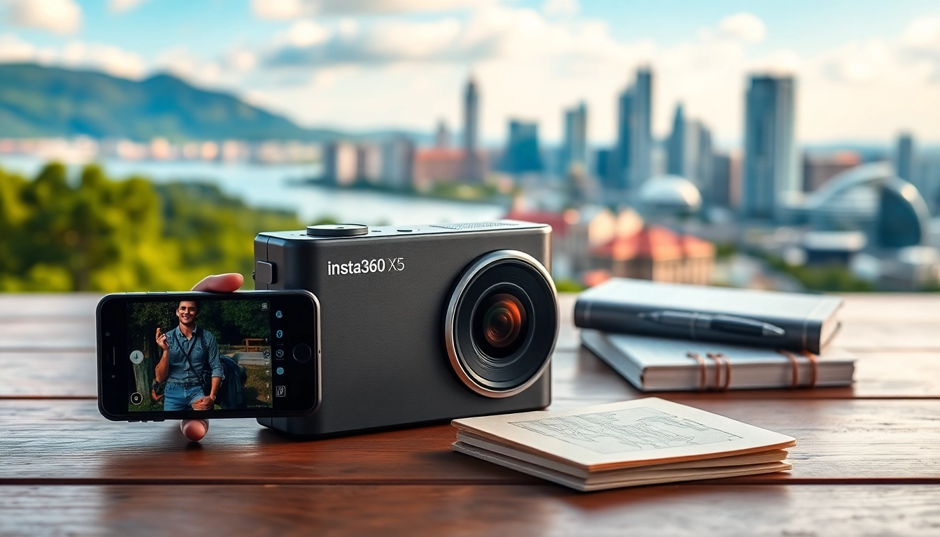Capture creativity with Insta360 X5 on a wooden table surrounded by landscapes.