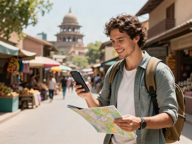 גלישה עם Esim לחו"ל בשוק מקומי בעיר אקזוטית, מטייל נהנה מחיבור אמין.