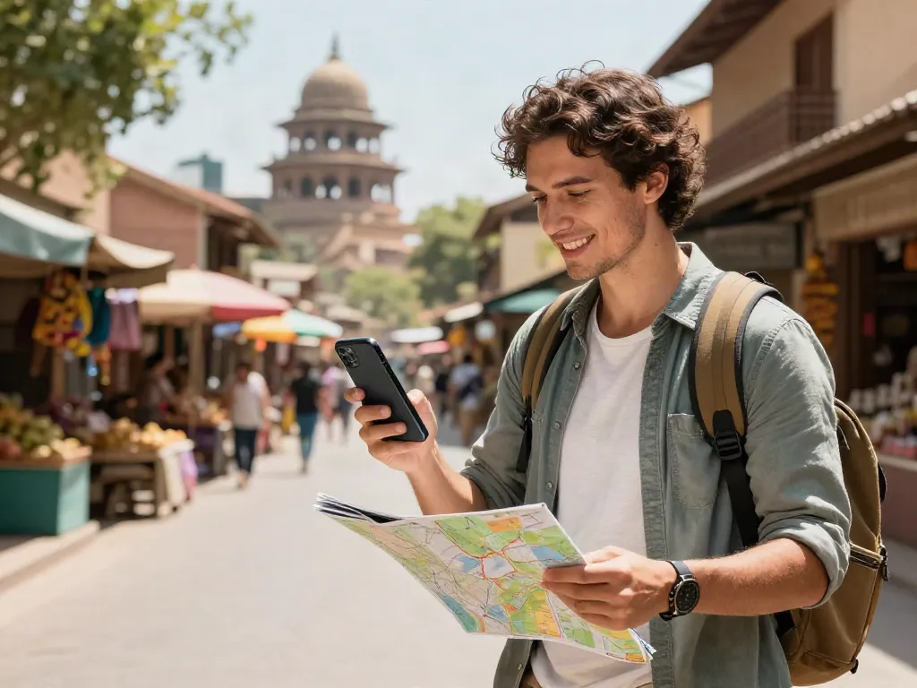 גלישה עם Esim לחו"ל בשוק מקומי בעיר אקזוטית, מטייל נהנה מחיבור אמין.