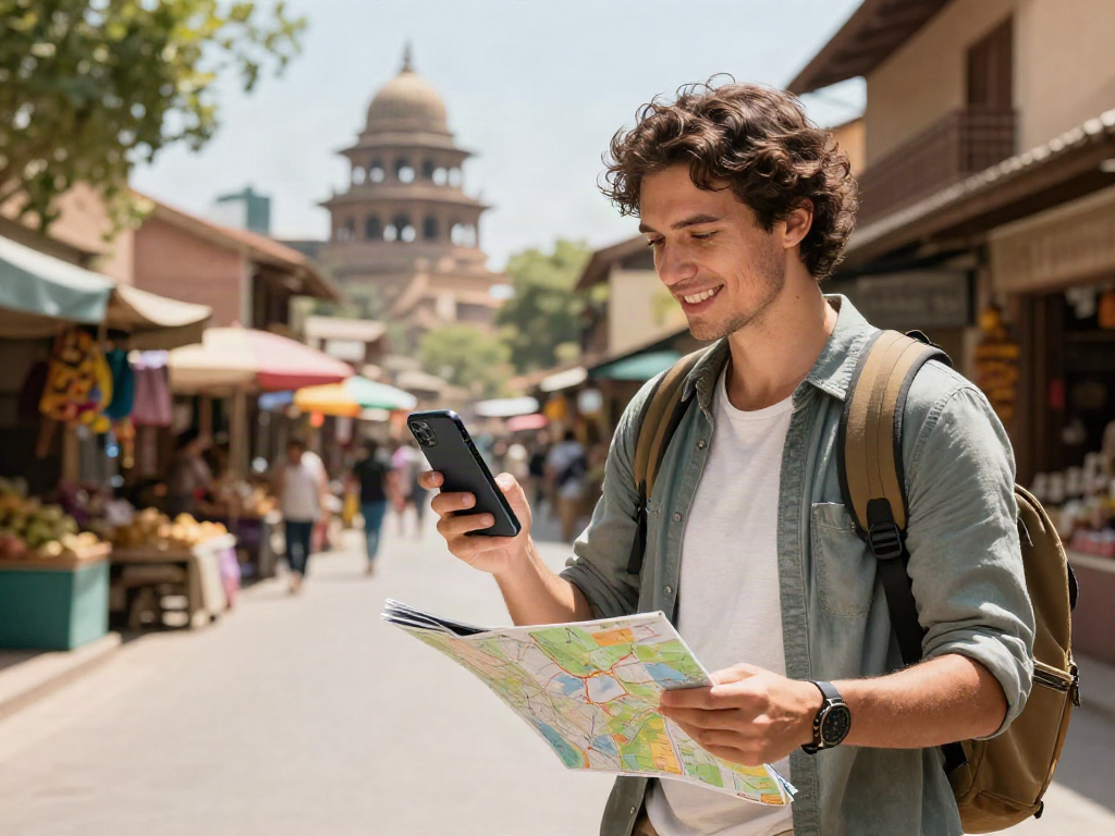 גלישה עם Esim לחו"ל בשוק מקומי בעיר אקזוטית, מטייל נהנה מחיבור אמין.