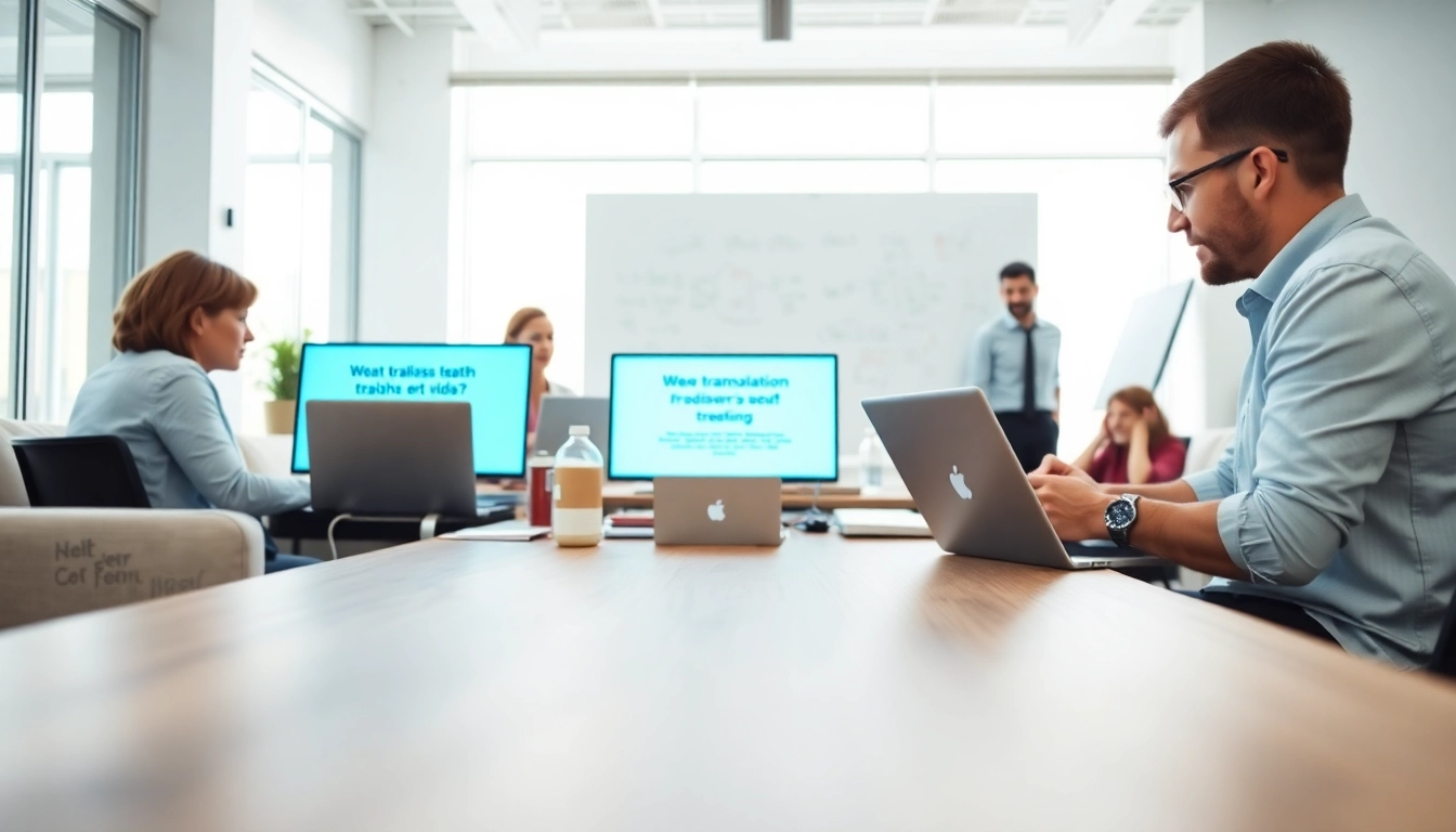 Enhance your video translation skills with a professional team collaborating in a modern office.