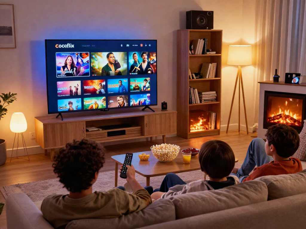 Enjoying cocoflix on a cozy sofa with family during movie night.
