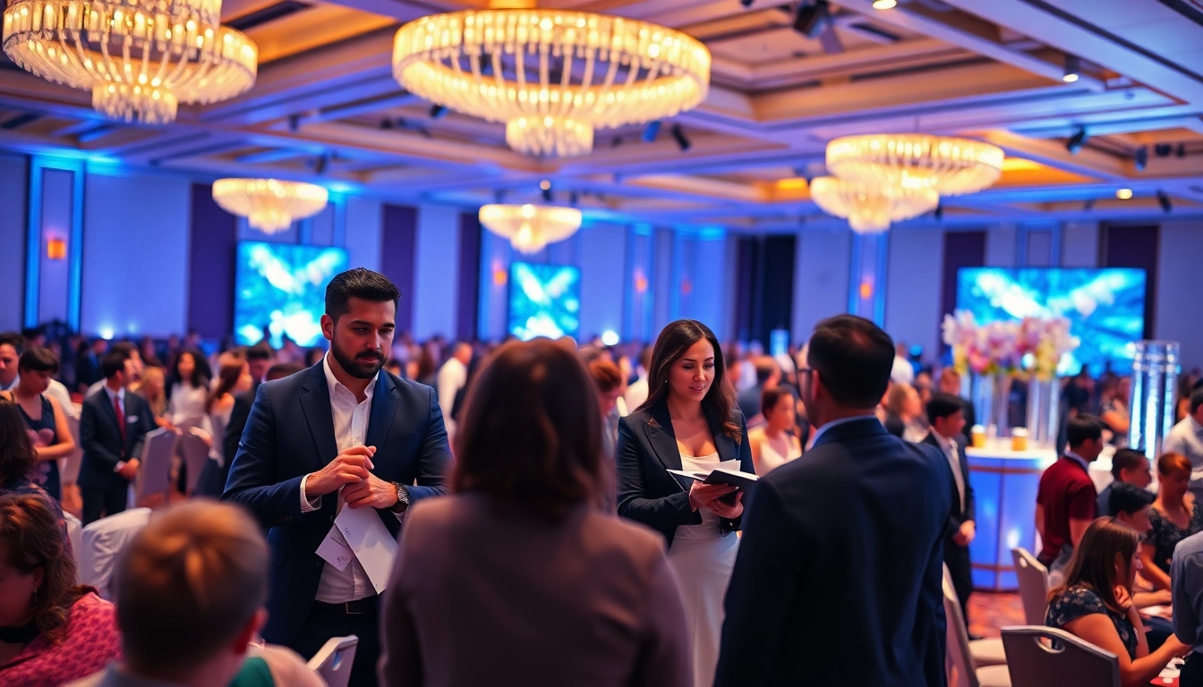 Engaging event management team orchestrating a corporate event with vibrant decorations and dynamic atmosphere.