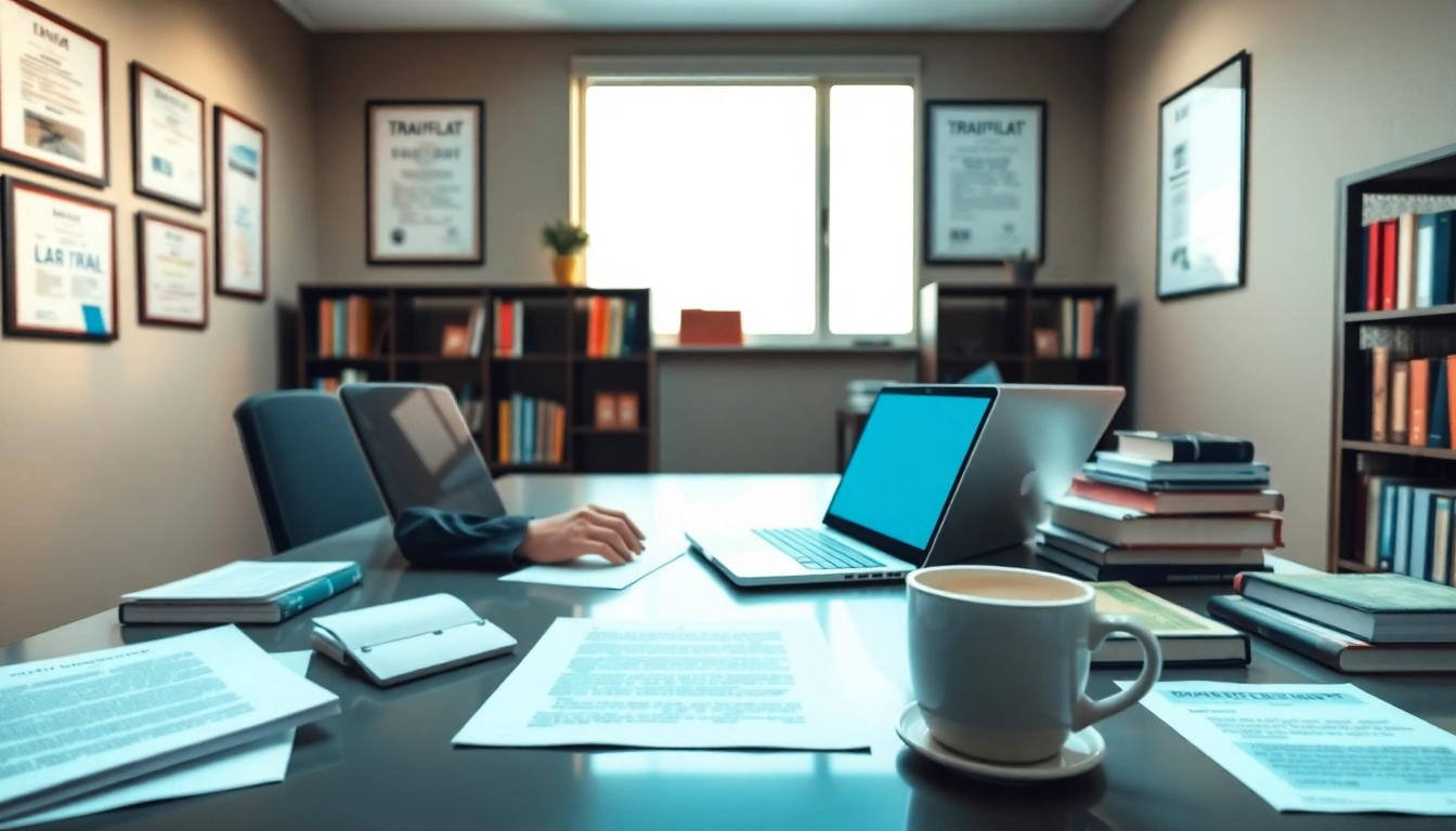 Tradutor juramentado working in a professional setting with multilingual documents and translation tools.