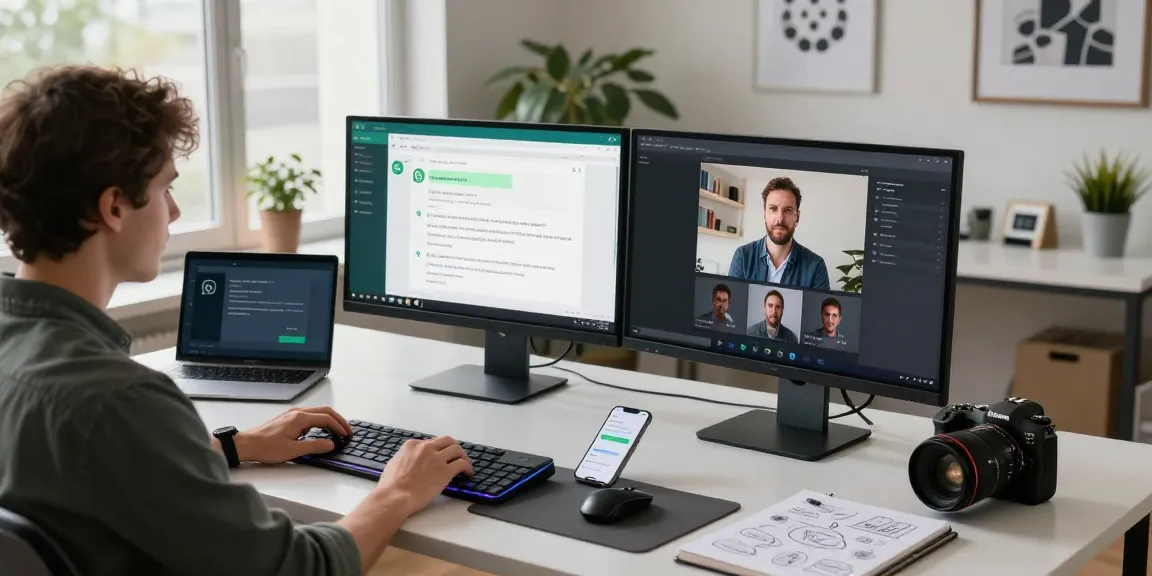 User engaging with WhatsApp電腦版 on desktop for seamless communication in a stylish modern office.