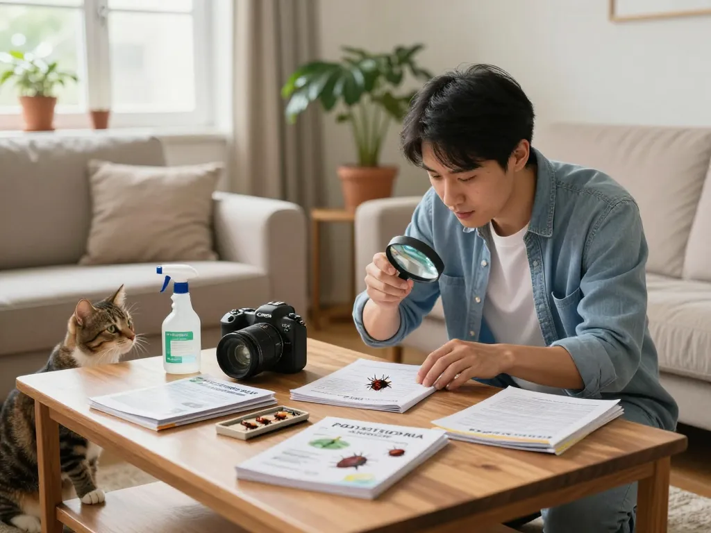 Homeowner using a pest control guide to check for bed bugs in a cozy living room.