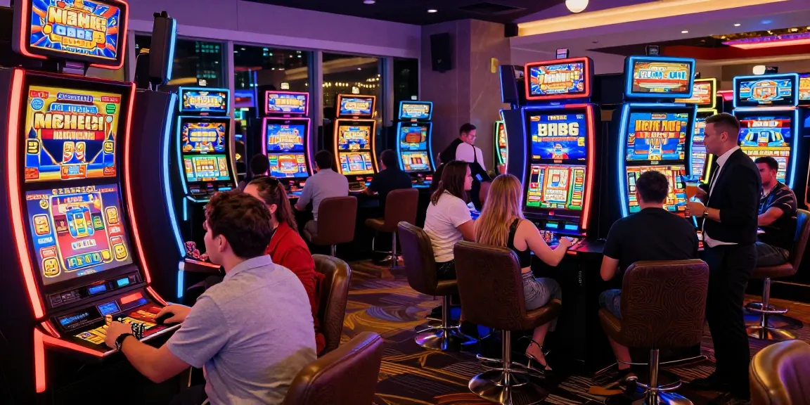 Exciting slot gaming experience in a vibrant casino filled with animated machines, players engaged in gameplay.