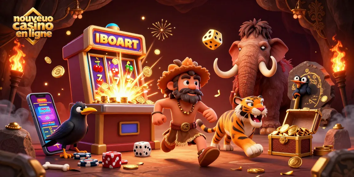 Image d'un nouveau casino en ligne avec des personnages animés dans une ambiance préhistorique.