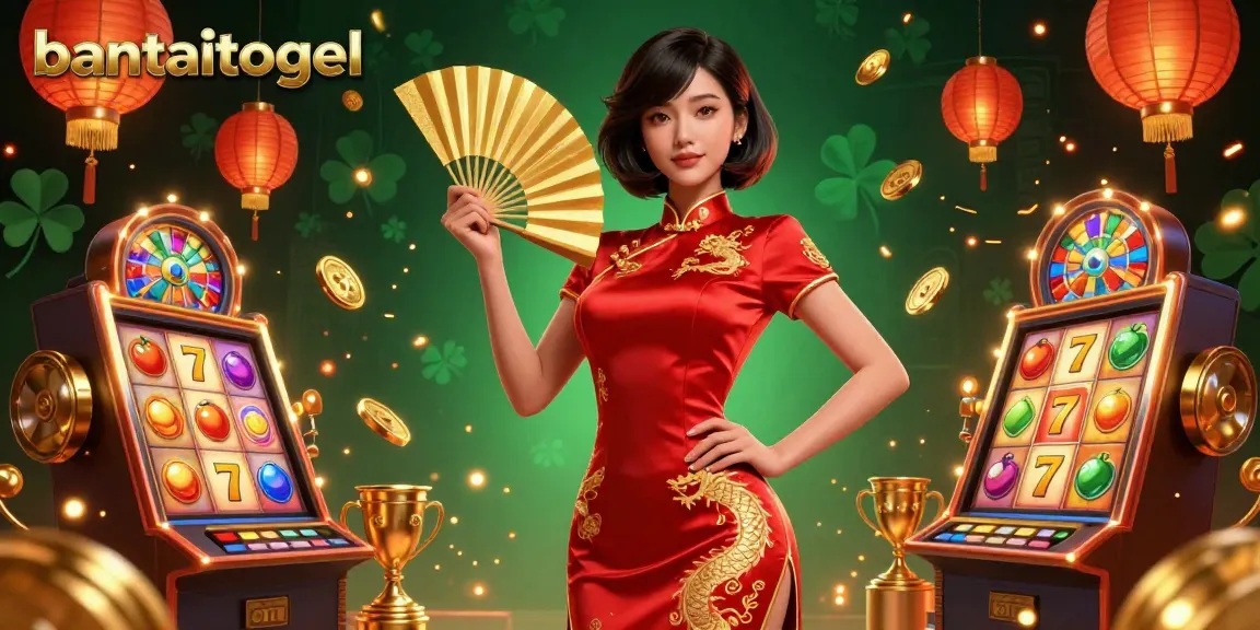 Bantaitogel showcases a vibrant 3D casino scene with dynamic slot reels and golden coins cascading.