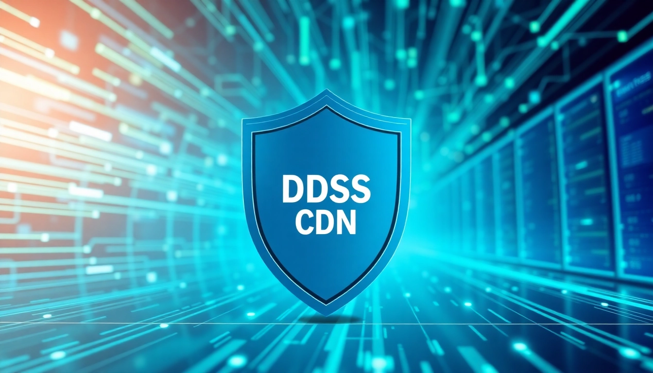 Visual representation of CDN with DDoS Protection highlighting cybersecurity elements and digital shields.