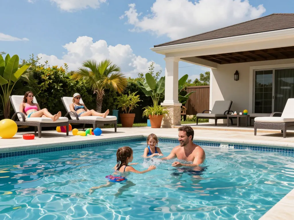 Dolphin Pool Services: Family enjoying pool time in Virginia, surrounded by tropical plants and toys.
