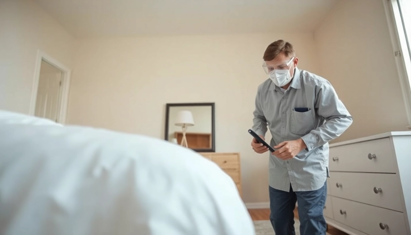 Effective bed bug removal by a technician inspecting a bedroom for signs of infestation.