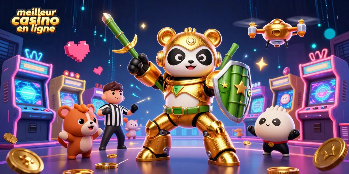 Visualisez le meilleur casino en ligne avec un panda doré et des éléments ludiques flottants.