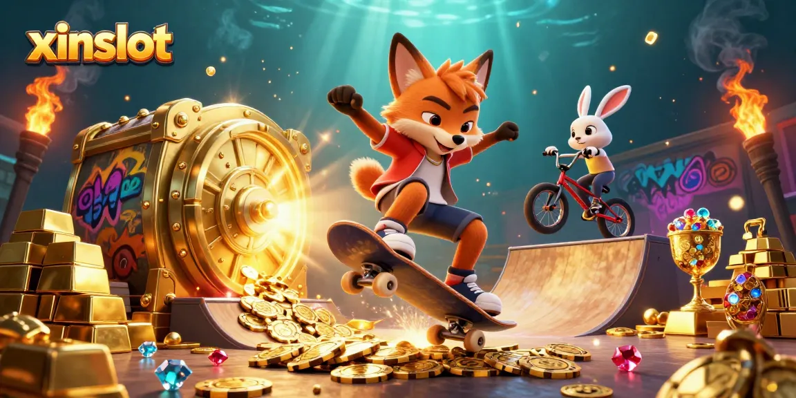 XINSLOT presents a vibrant scene with a cartoon fox and rabbit performing tricks, set against a backdrop of gold and casino symbols.