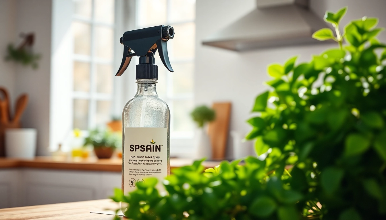 Apply non toxic insect spray in a bright kitchen surrounded by fresh herbs.