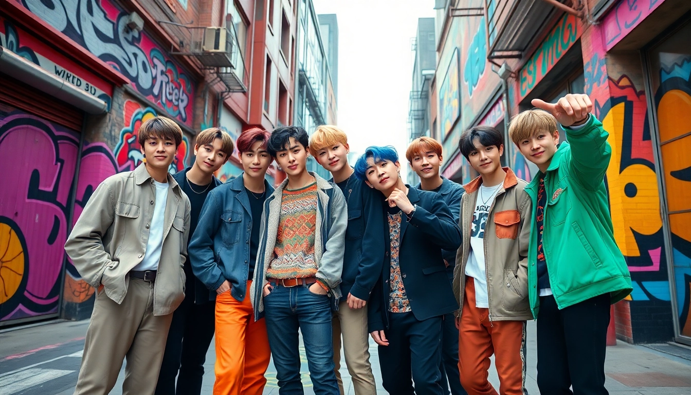 BTS members showcasing their distinctive styles and expressions in a lively urban backdrop.