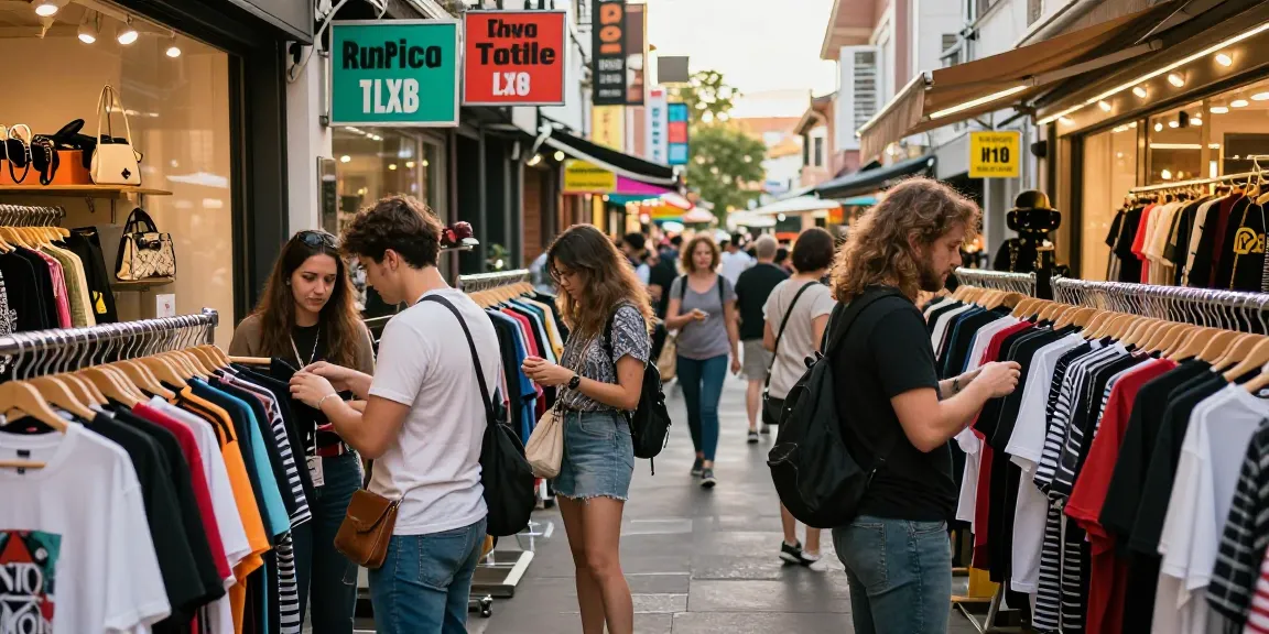 Trendy urban shoppers exploring high-quality 레플리카 사이트 fashion items in a vibrant market.