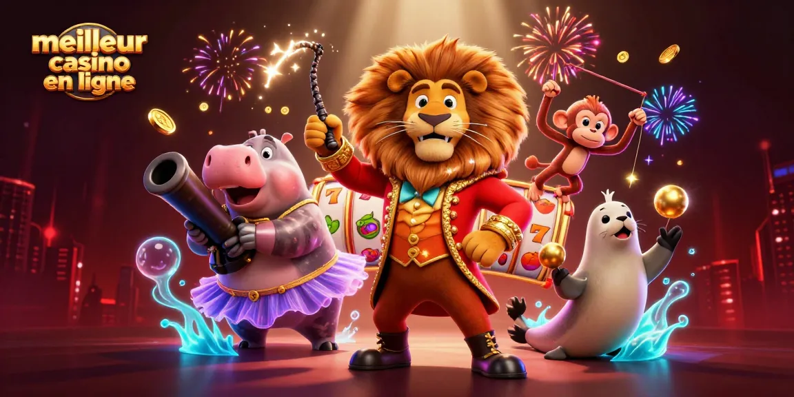 Illustration du meilleur casino en ligne avec un lion maître de cérémonie, un hippopotame et un singe, entourés d'éléments de jeu animés.