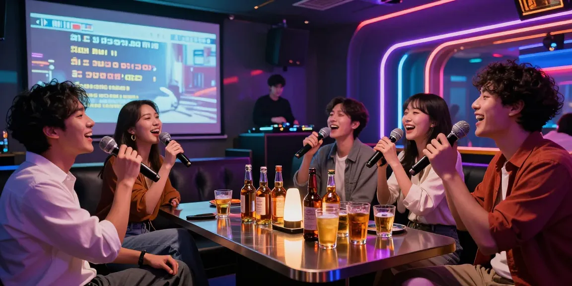 Exciting nightlife at https://www.magic4karaoke.com/ in Jeju, friends enjoying karaoke with colorful lights and drinks.