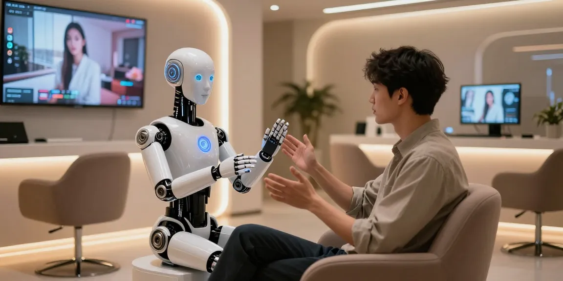 Person engaging with a humanoid sex bot in a modern digital lounge, showcasing companionship and technology.