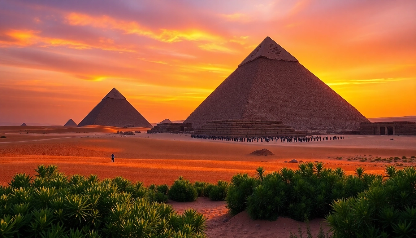 Captivating view of piraminds against a vibrant sunset sky.