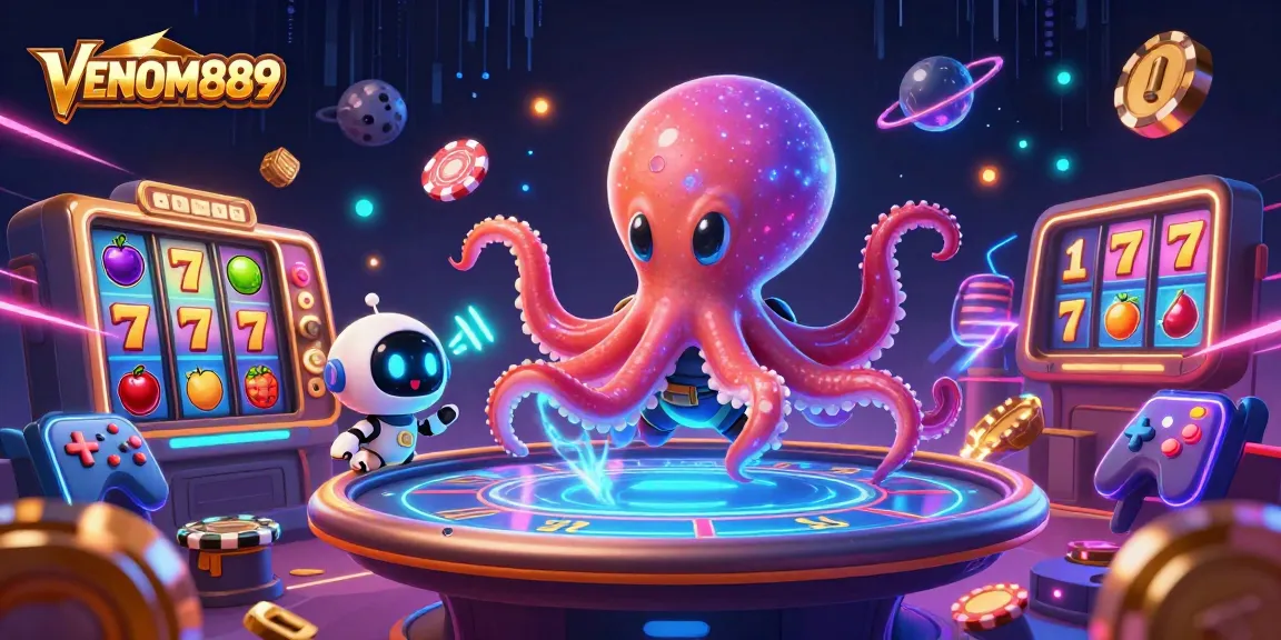 Experience thrilling gameplay with VENOM889's vibrant slot reels and captivating characters in a cosmic casino.