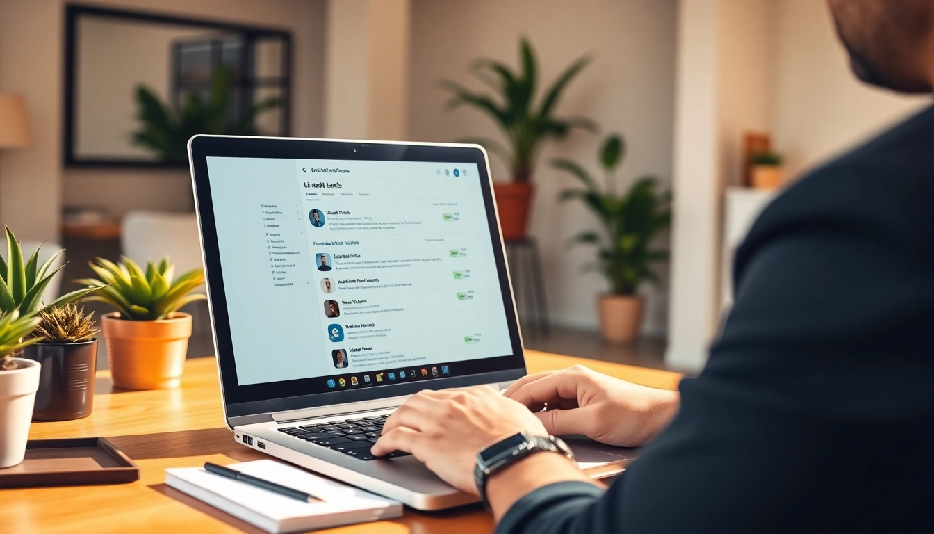 Scrape linkedin leads from search results with a professional digital marketer using a laptop in a modern office.