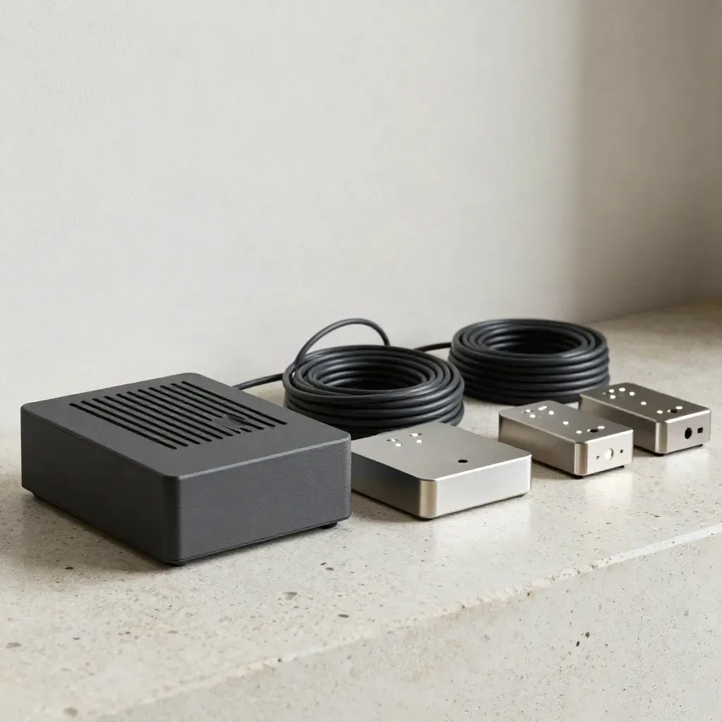 Automation hardware syncing on pale concrete, lights stepping in sequence.