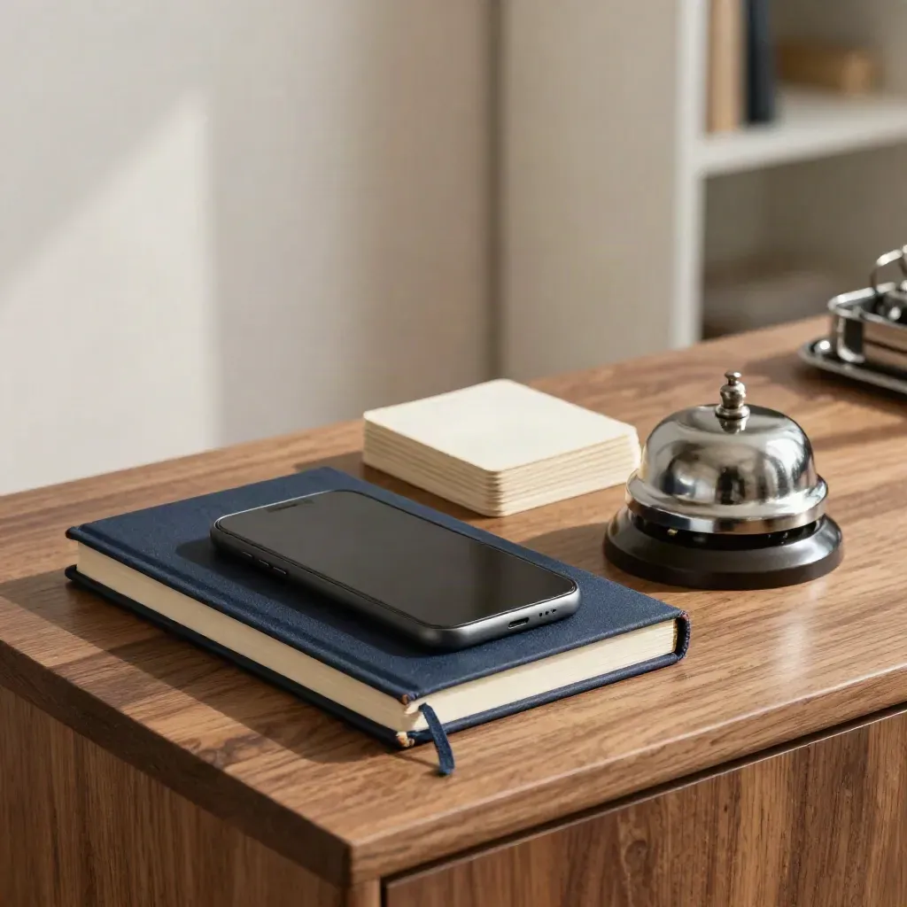 Strategy session tools on a warm wood sideboard with notebook, phone, bell, cards and clip tray.