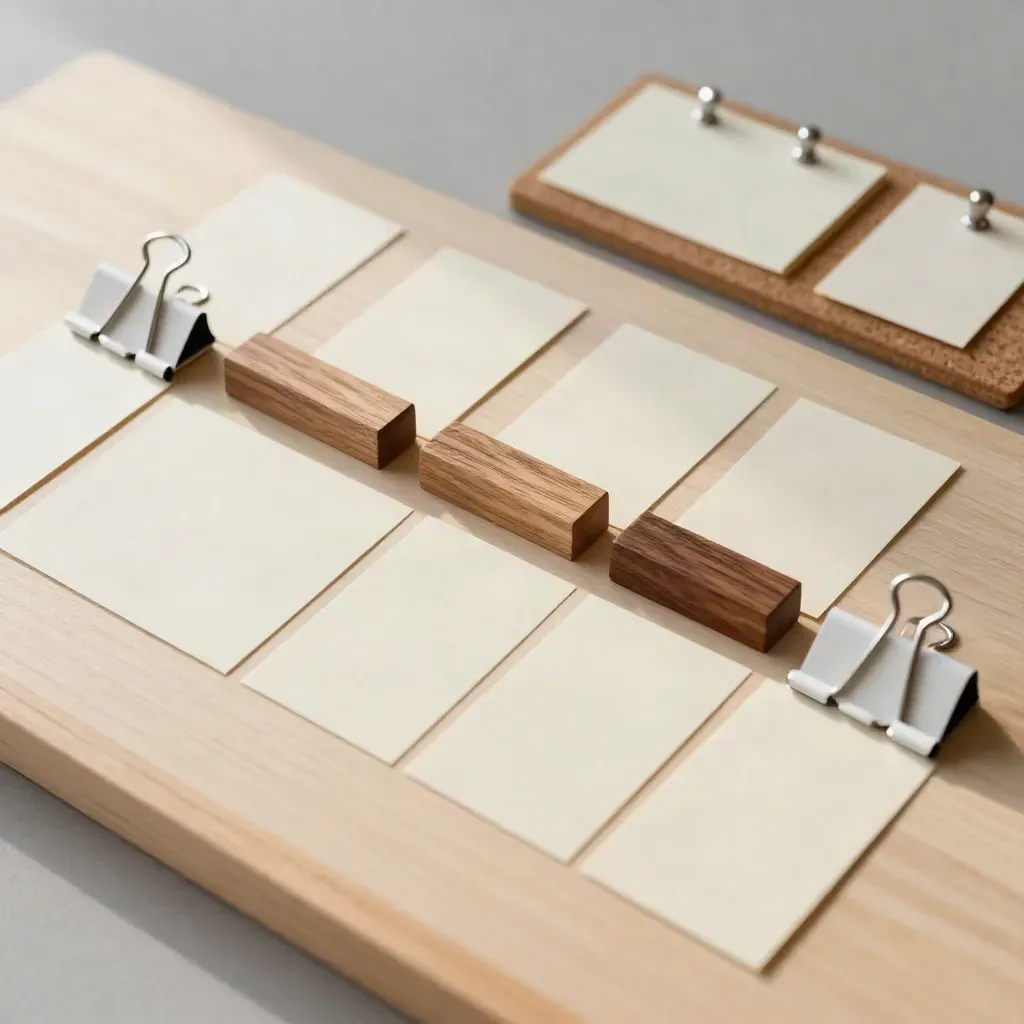 Top-down project planning grid with blank cards, wooden blocks, clips and pin board on pale wood.